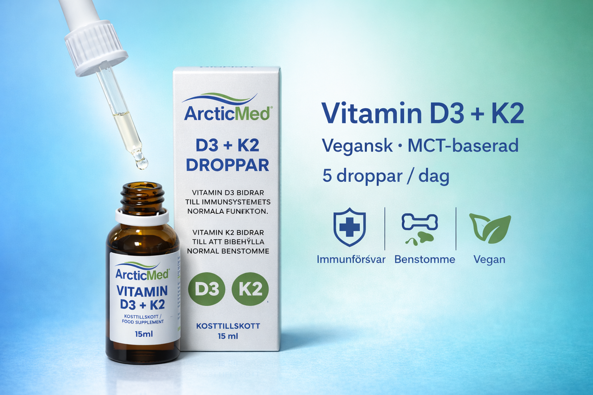 ArcticMed Vitamin D3 + K2 Droppar 15 ml amber glass bottle and white box with a dropper on a blue and green background.
