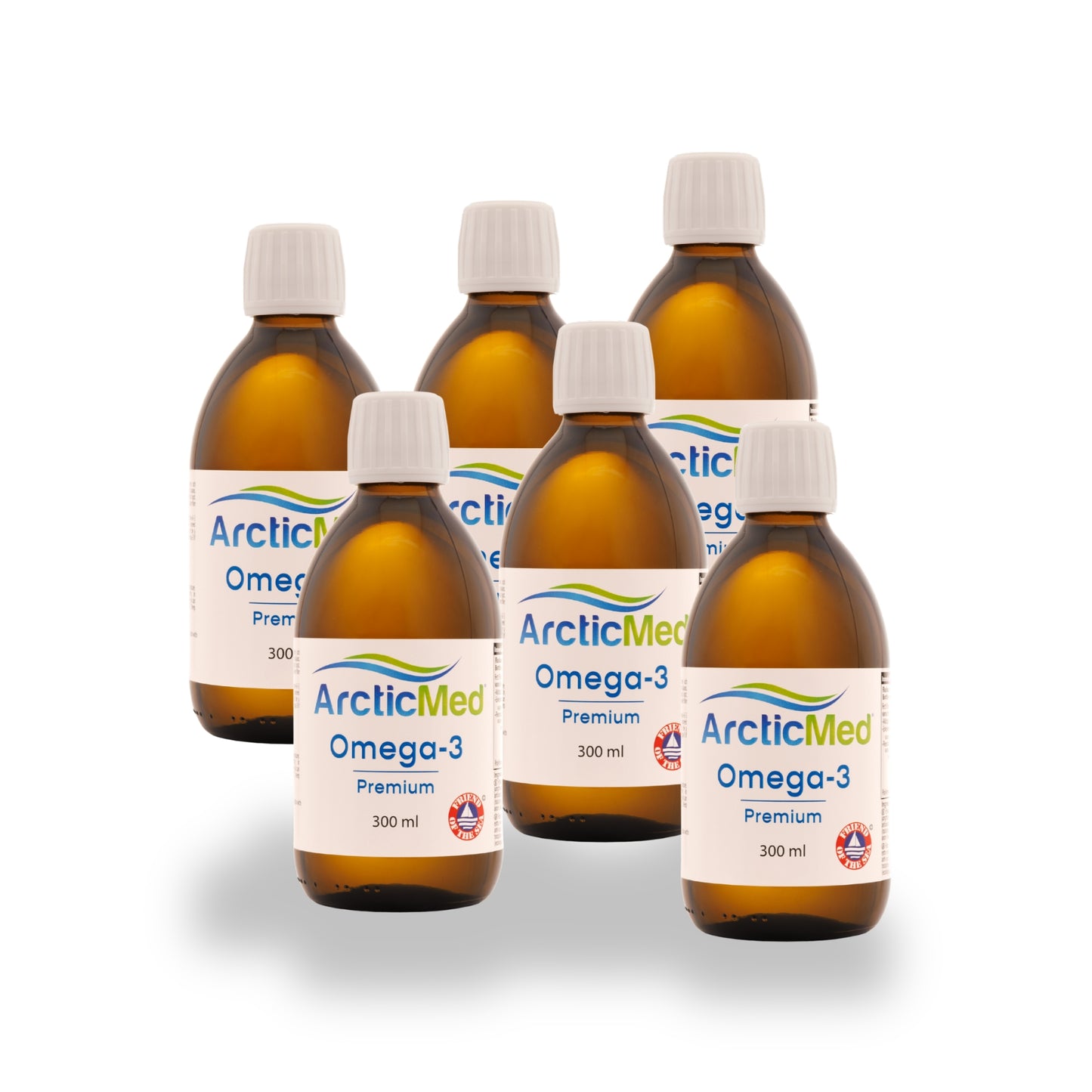 Six brown glass bottles of Omega-3 Premium Naturell, each containing 300 ml, arranged in a group.