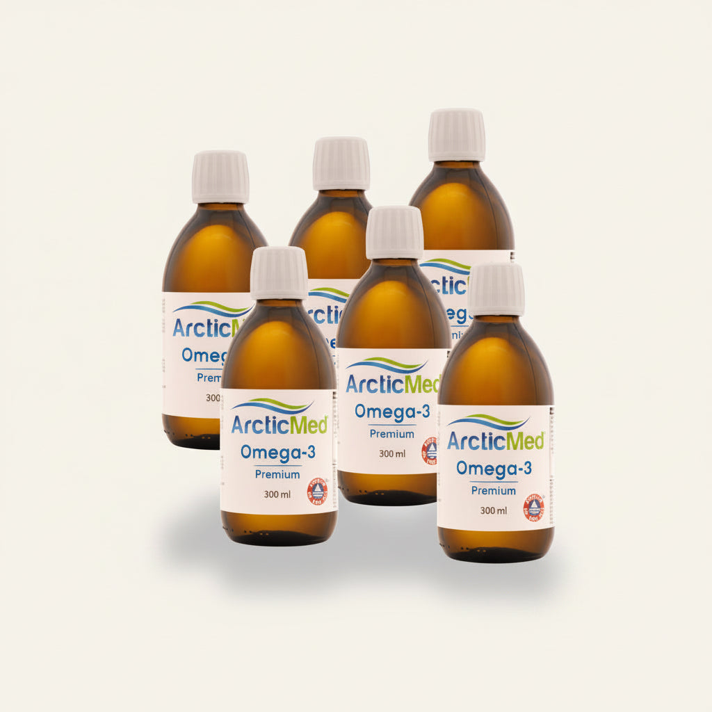 Six brown glass bottles of Omega-3 Premium Naturell, each containing 300 ml, arranged in a group.