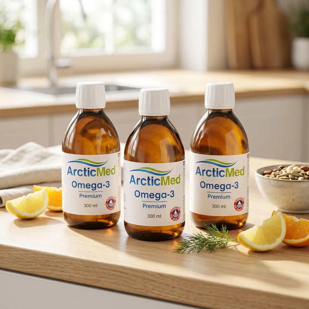 Three amber glass bottles of ArcticMed Omega-3 Premium 300 ml on a wooden counter with lemon slices.