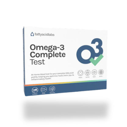 White fattyacidlabs Omega-3 Complete Test box with blue and orange accents and an Omega-3 logo with a green checkmark.