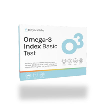 White rectangular fattyacidlabs Omega-3 Index Basic Test box with blue O3 logo and health icons.