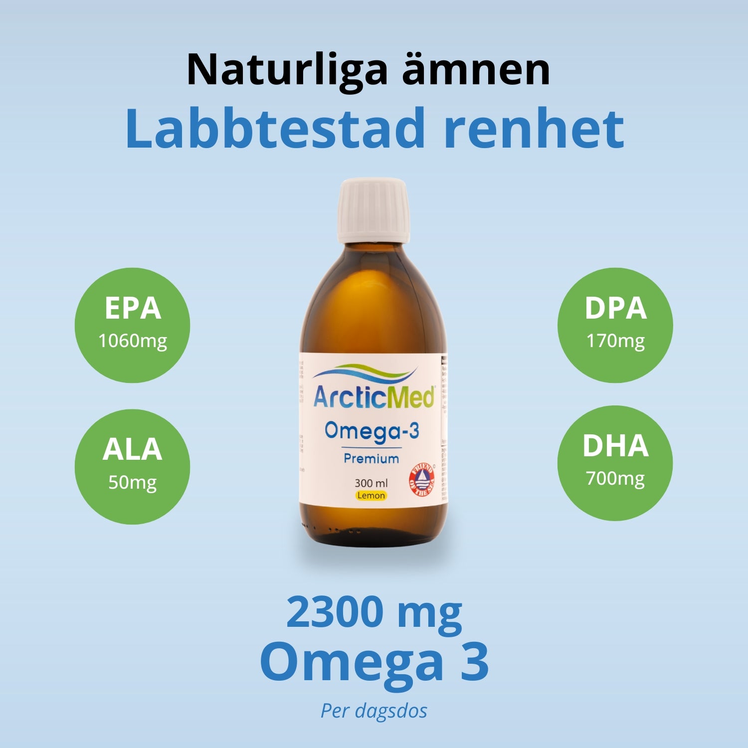 One amber glass bottle of ArcticMed Omega-3 Premium 300 ml Lemon surrounded by EPA, ALA, DPA, and DHA nutrient values.