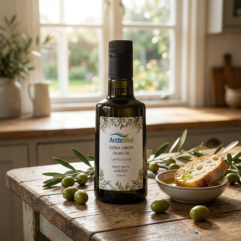 One ArcticMed Extra Virgin Olive Oil dark glass bottle on a wooden table with green olives and a bread slice.