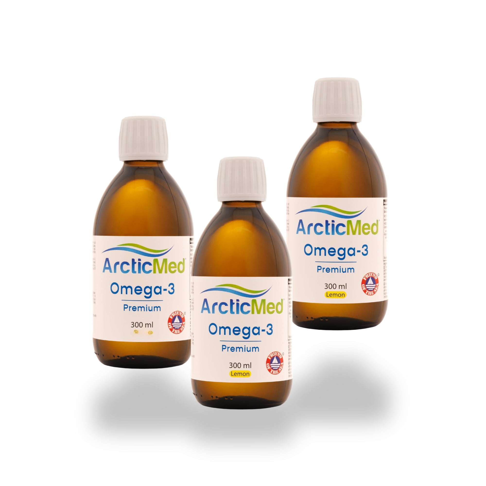 Three brown glass bottles of ArcticMed Omega-3 Premium, 300 ml each, with lemon flavor labels.