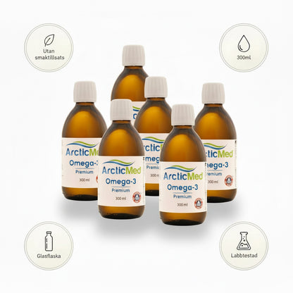 Six amber glass bottles of ArcticMed Omega-3 Premium 300 ml arranged in two rows on a white background.