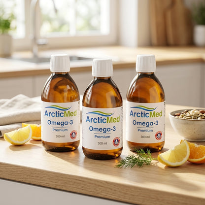 Three amber glass bottles of ArcticMed Omega-3 Premium 300 ml on a wooden counter with lemon slices.