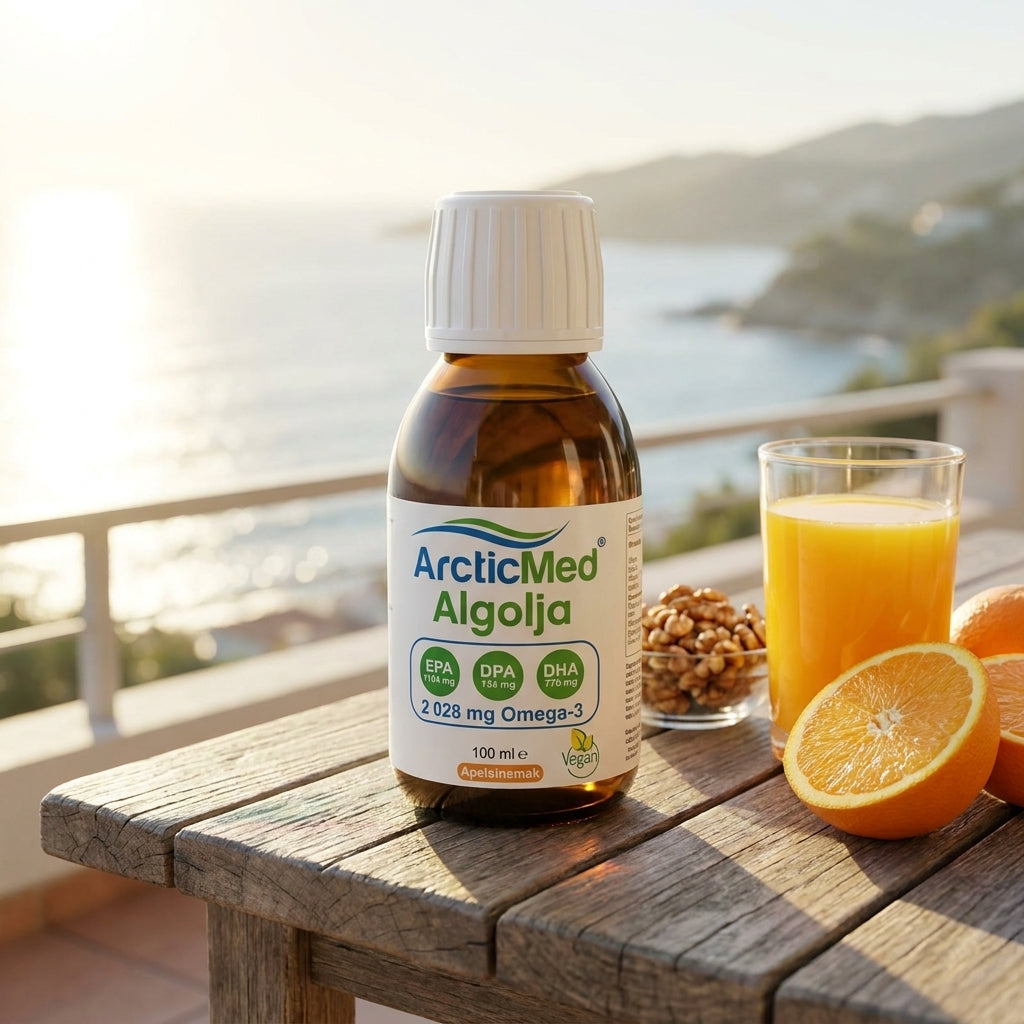 Amber glass ArcticMed AlgOmega-3 100 ml bottle on a wooden table with orange juice and walnuts by the sea.