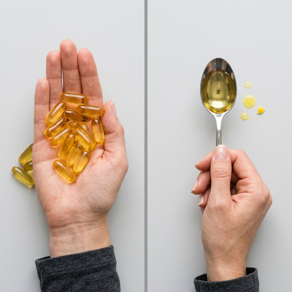 En handfull kapslar bredvid en sked omega-3-olja