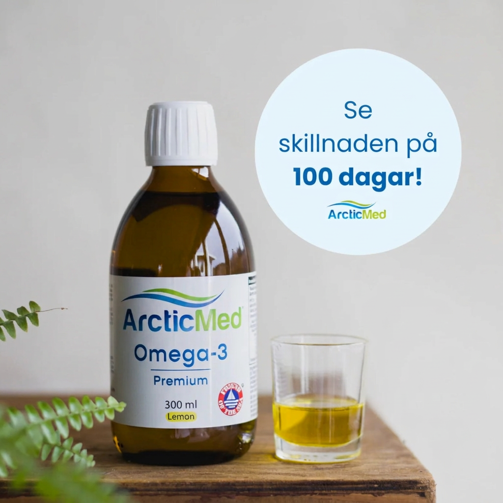 ArcticMed Omega-3 Premium bredvid ett glas med olja