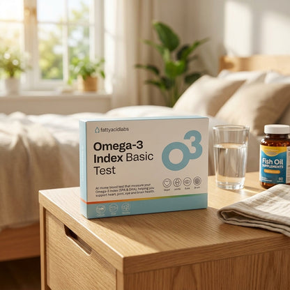> "White and blue fattyacidlabs Omega-3 Index Basic Test box on a wooden