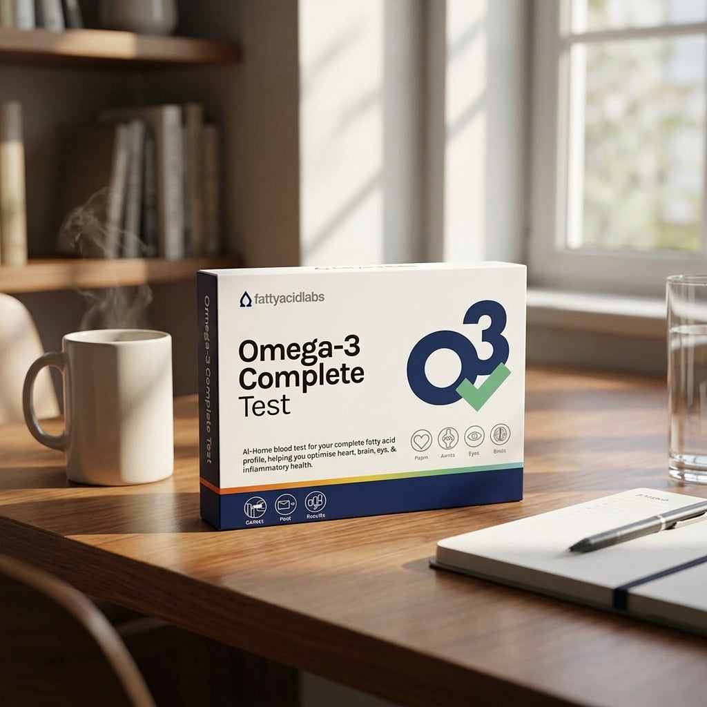 White fattyacidlabs Omega-3 Complete Test box on a wooden desk next to a steaming mug and notebook.