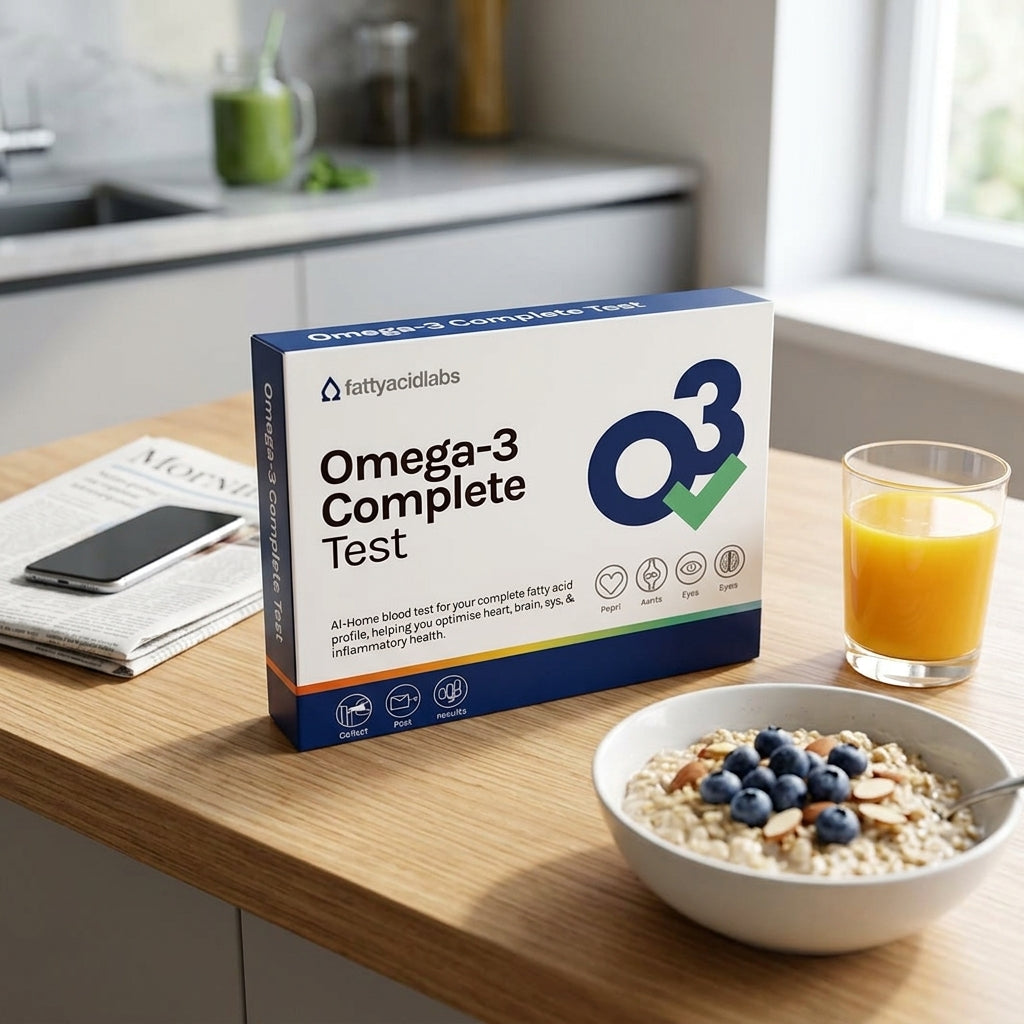White fattyacidlabs Omega-3 Complete Test box with blue and orange accents and an Omega-3 logo with a green checkmark