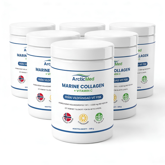 Six white plastic jars of ArcticMed Marine Collagen + Vitamin C arranged in a triangular group on a white background.