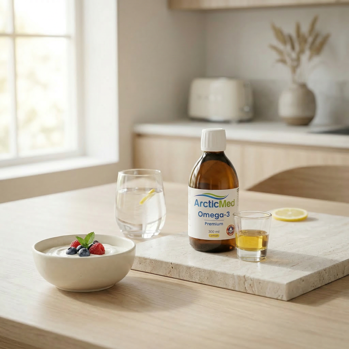 Omega-3 premium lemon 300 ml bottle on a wooden table with a glass of water, lemon slice, and yogurt with berries.
