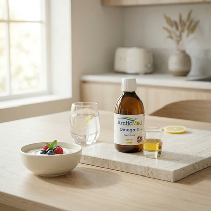 Omega-3 premium lemon 300 ml bottle on a wooden table with a glass of water, lemon slice, and yogurt with berries.