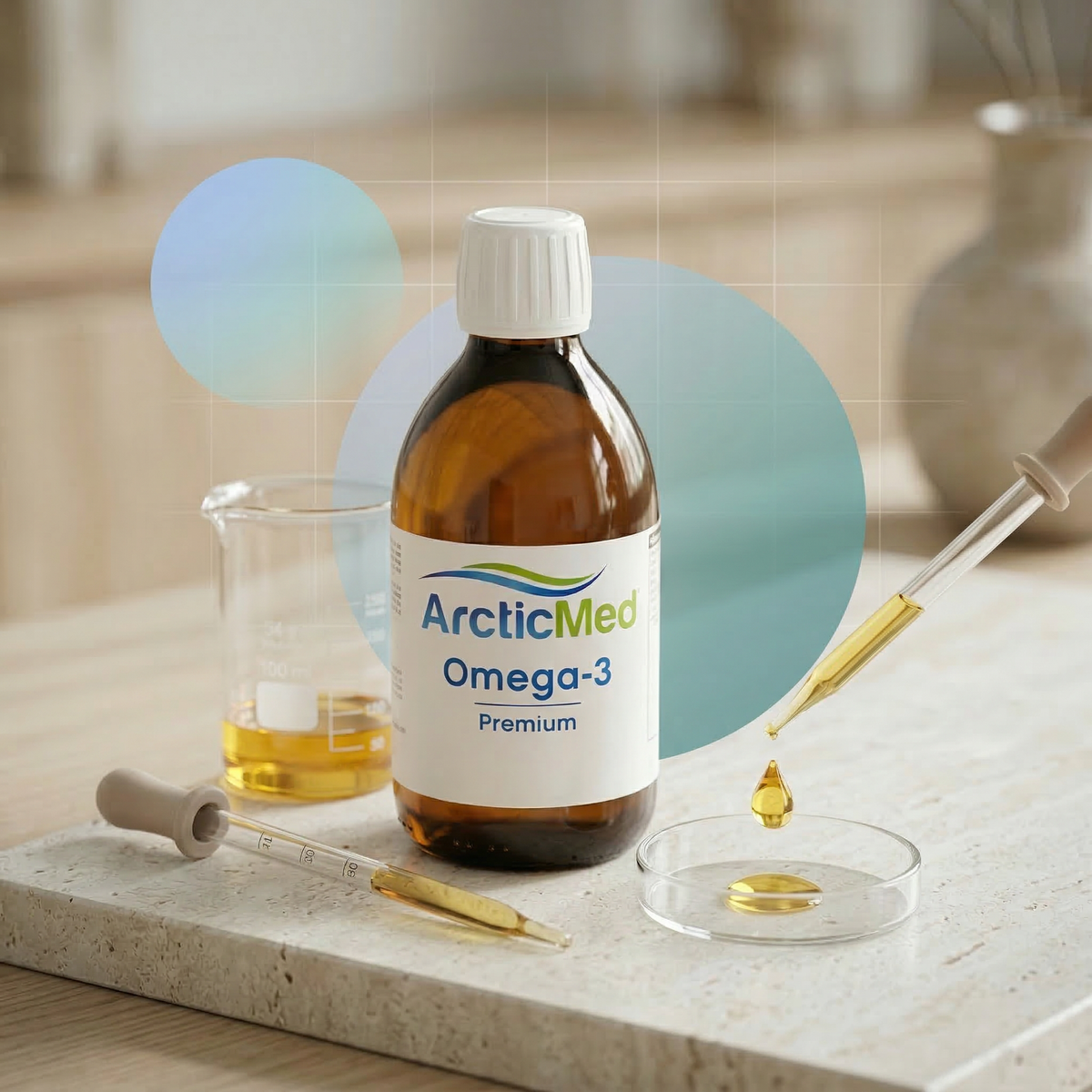ArcticMed Omega-3 Premium bottle with dropper, oil in a beaker, and a petri dish on a light-colored surface.